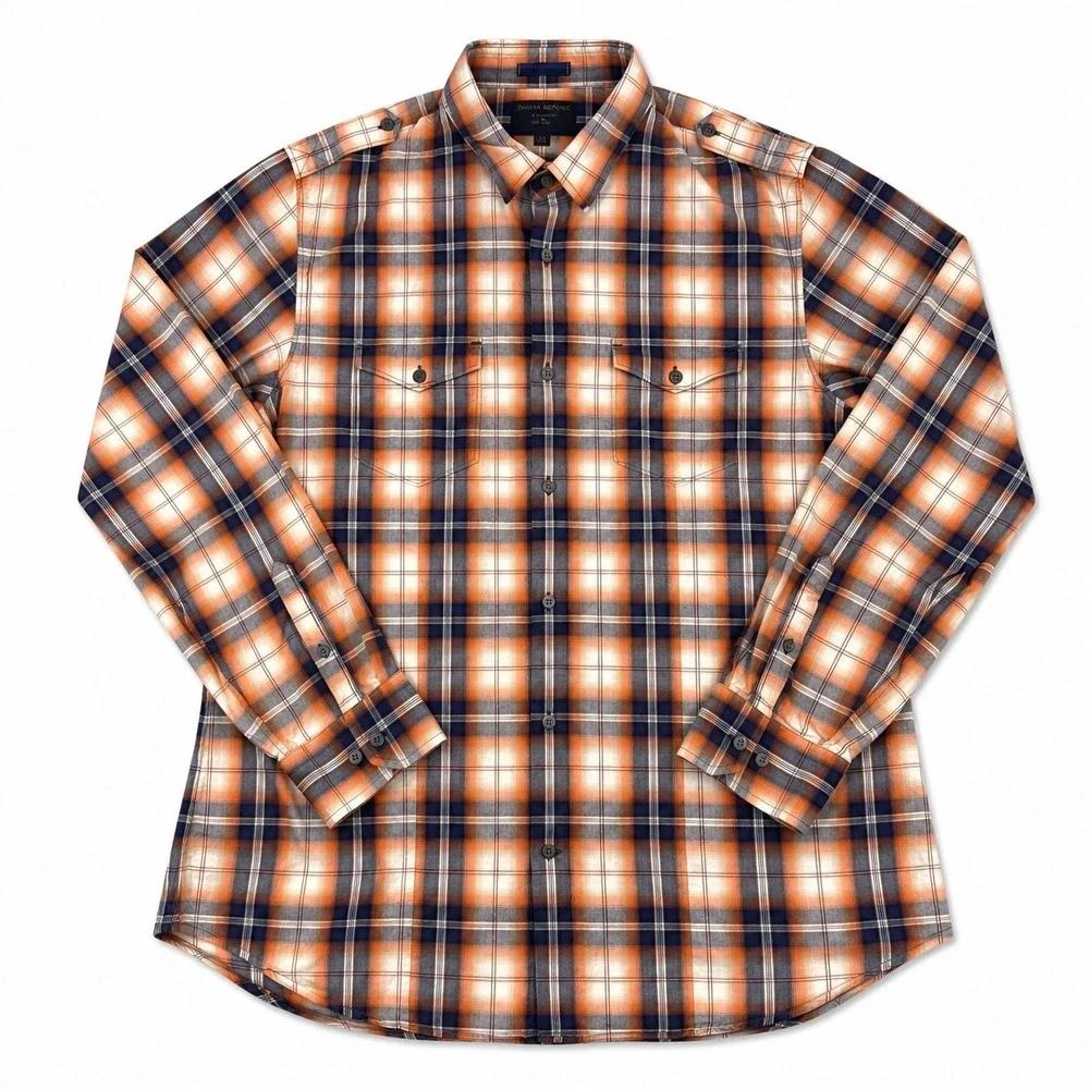 Banana Republic Ombre Plaid Utility Shirt Men's XL 17-17.5‎ Orange Blue Cotton